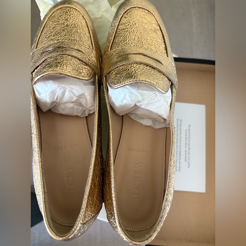 J. Crew Charlie Loafers in Metallic Leather. Gold. Size 9. New.